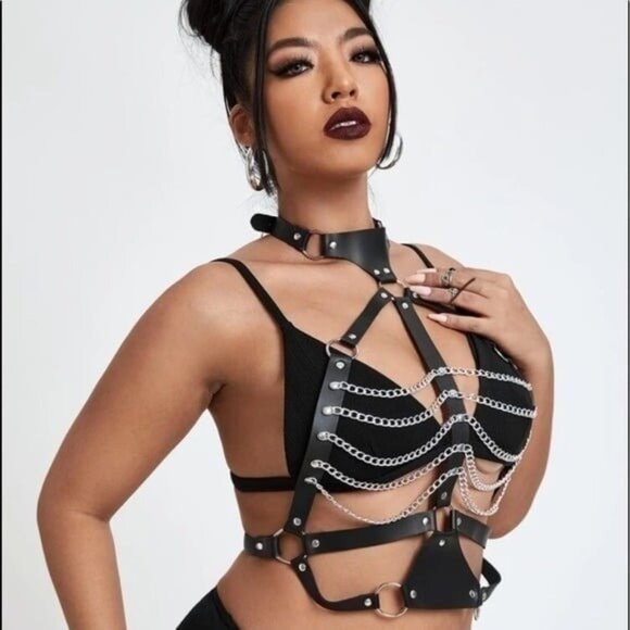 PU Leather Chest Body Chain Harness Choker Belt Plus Size 1XL OR 2XL Available - Picture 2 of 5